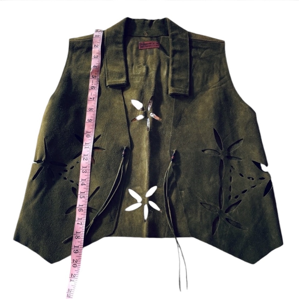 Vintage Army Green Suede Vest Fringe Detail and Flower cut outs - Picture 15 of 16